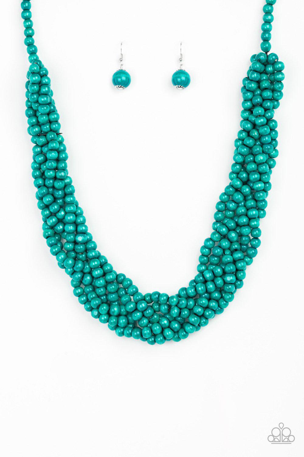 Tahiti Tropic Blue Wood Necklace and matching Earrings - Paparazzi Accessories-CarasShop.com - $5 Jewelry by Cara Jewels