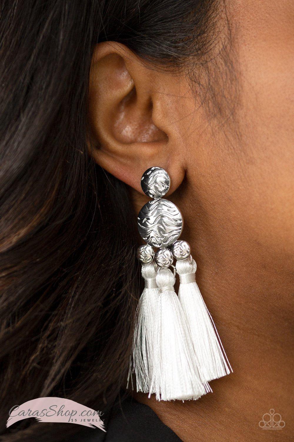 Taj Mahal Tourist White Tassel Earrings - Paparazzi Accessories-CarasShop.com - $5 Jewelry by Cara Jewels
