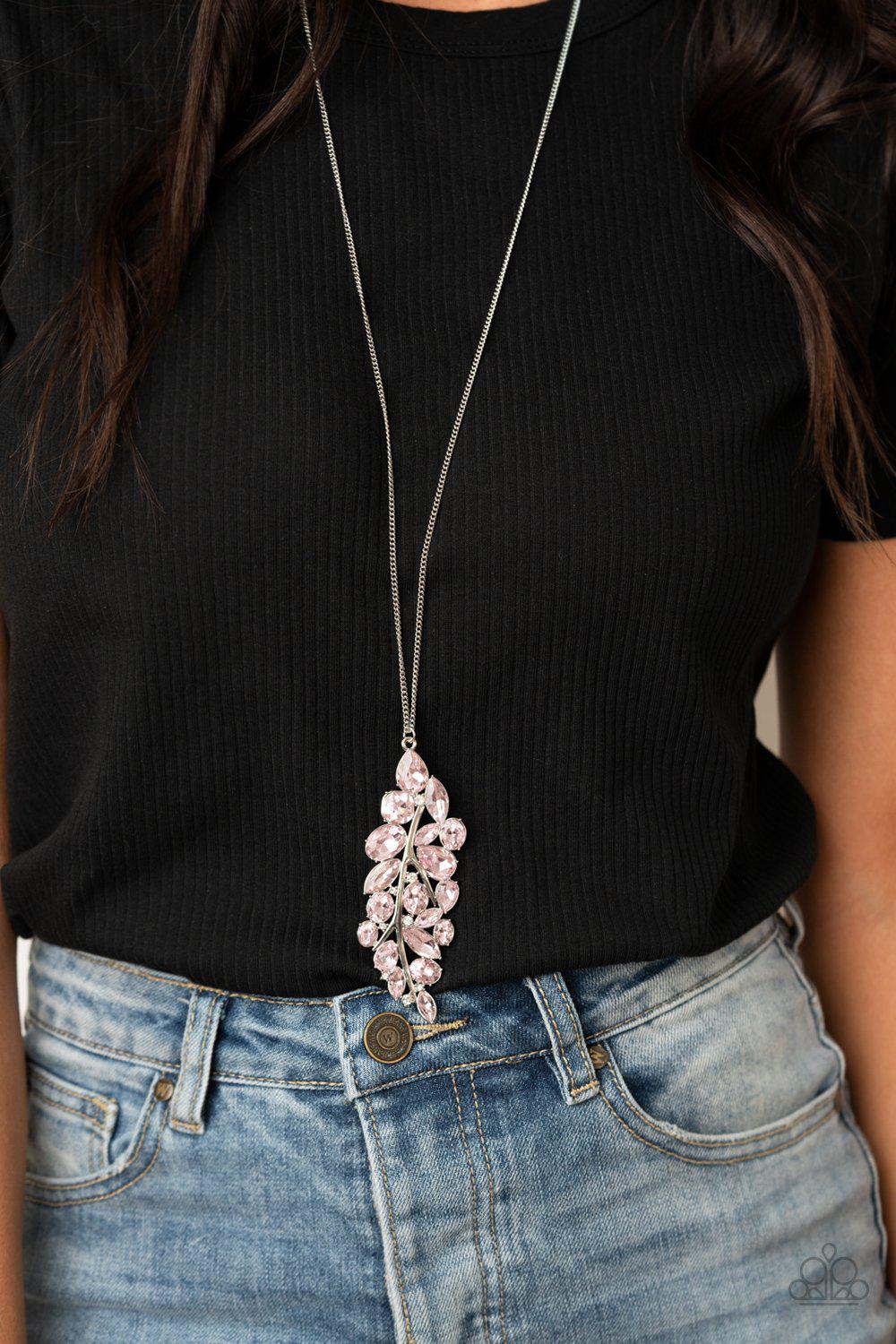 Take A Final BOUGH Pink Rhinestone Leaf Necklace - Paparazzi Accessories - model -CarasShop.com - $5 Jewelry by Cara Jewels
