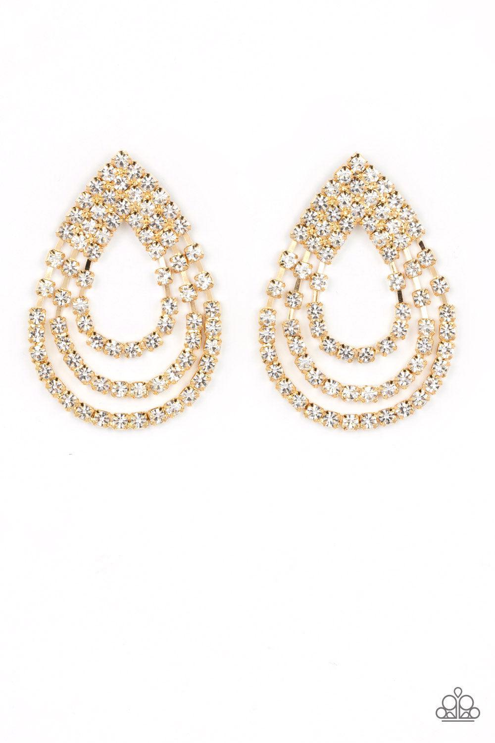 Take a POWER Stance Gold &amp; White Rhinestone Earrings - Paparazzi Accessories- lightbox - CarasShop.com - $5 Jewelry by Cara Jewels