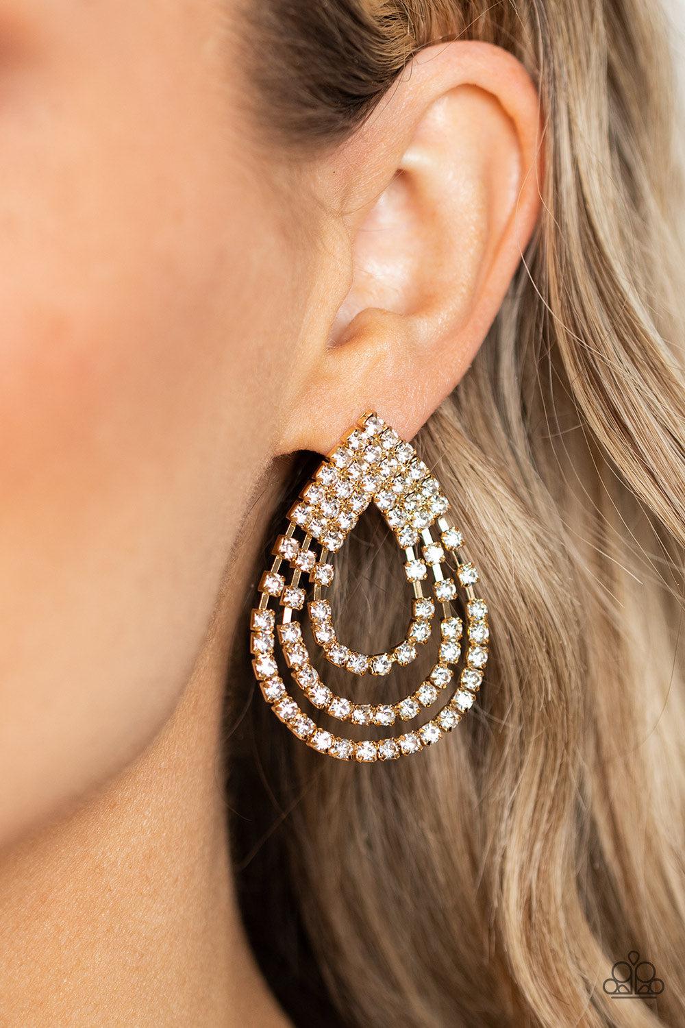 Take a POWER Stance Gold &amp; White Rhinestone Earrings - Paparazzi Accessories-on model - CarasShop.com - $5 Jewelry by Cara Jewels
