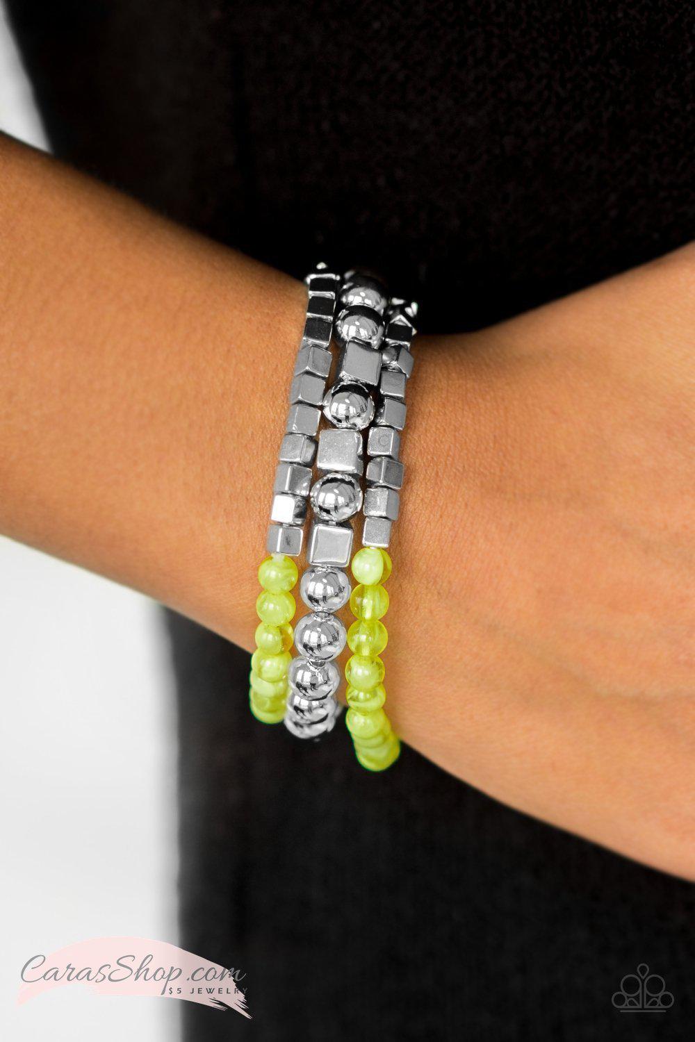 Take Shape Green and Silver Stretch Bracelet Set - Paparazzi Accessories-CarasShop.com - $5 Jewelry by Cara Jewels