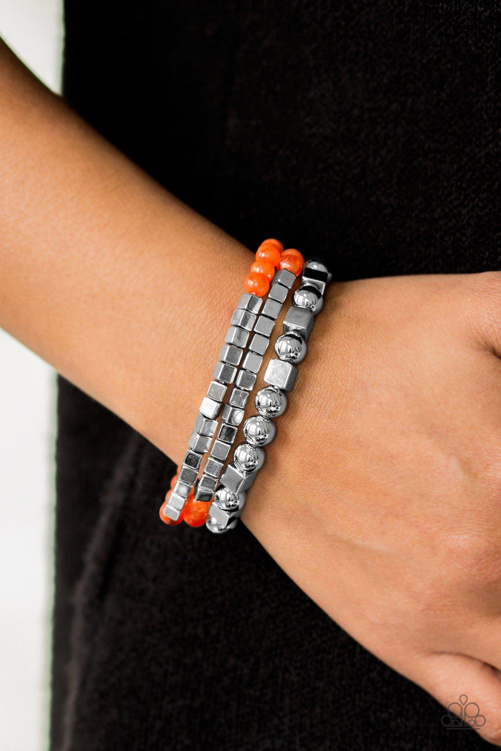 Take Shape Silver and Orange Stretch Bracelet Set - Paparazzi Accessories-CarasShop.com - $5 Jewelry by Cara Jewels