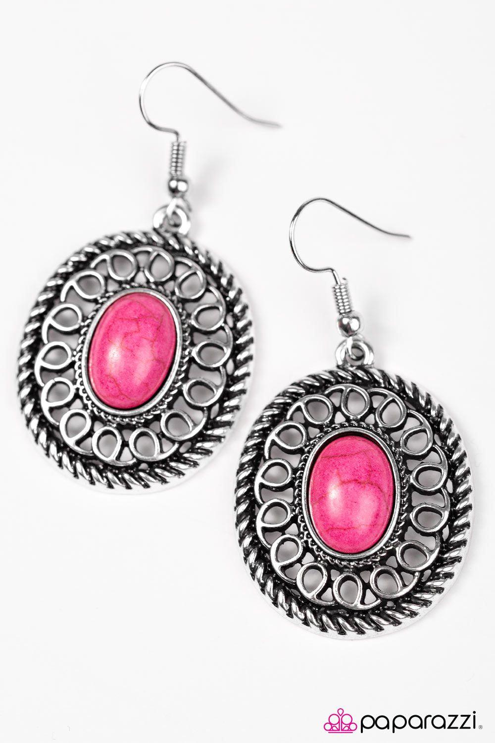Take The Trail Less Traveled Pink Stone Earrings - Paparazzi Accessories-CarasShop.com - $5 Jewelry by Cara Jewels