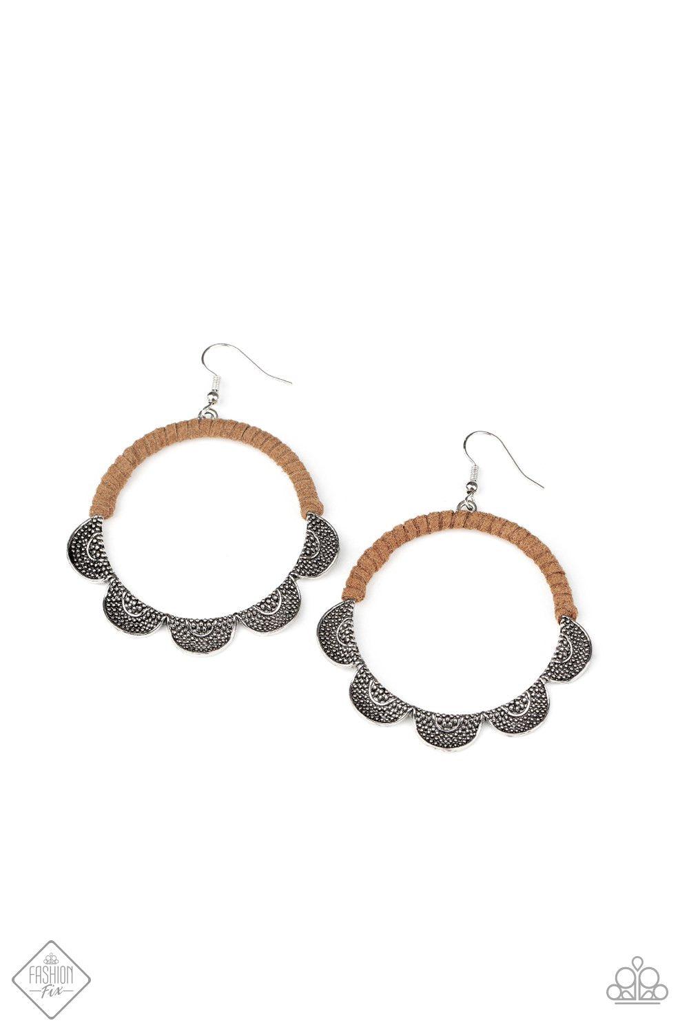 Tambourine Trend Brown Suede and Silver Earrings - Paparazzi Accessories-CarasShop.com - $5 Jewelry by Cara Jewels