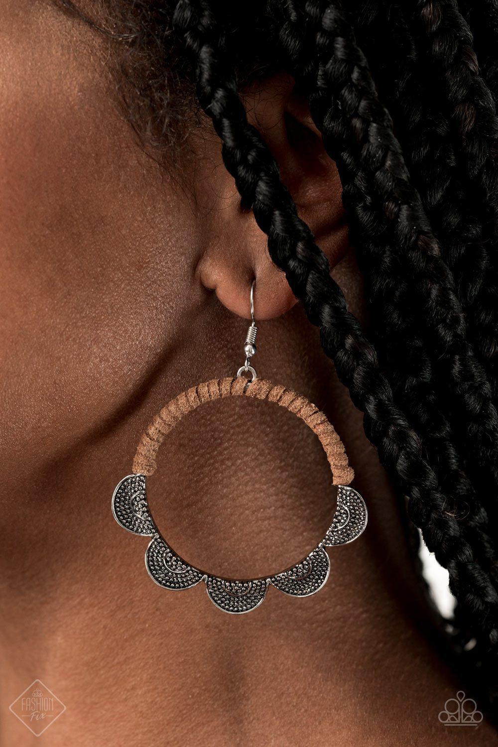 Tambourine Trend Brown Suede and Silver Earrings - Paparazzi Accessories-CarasShop.com - $5 Jewelry by Cara Jewels