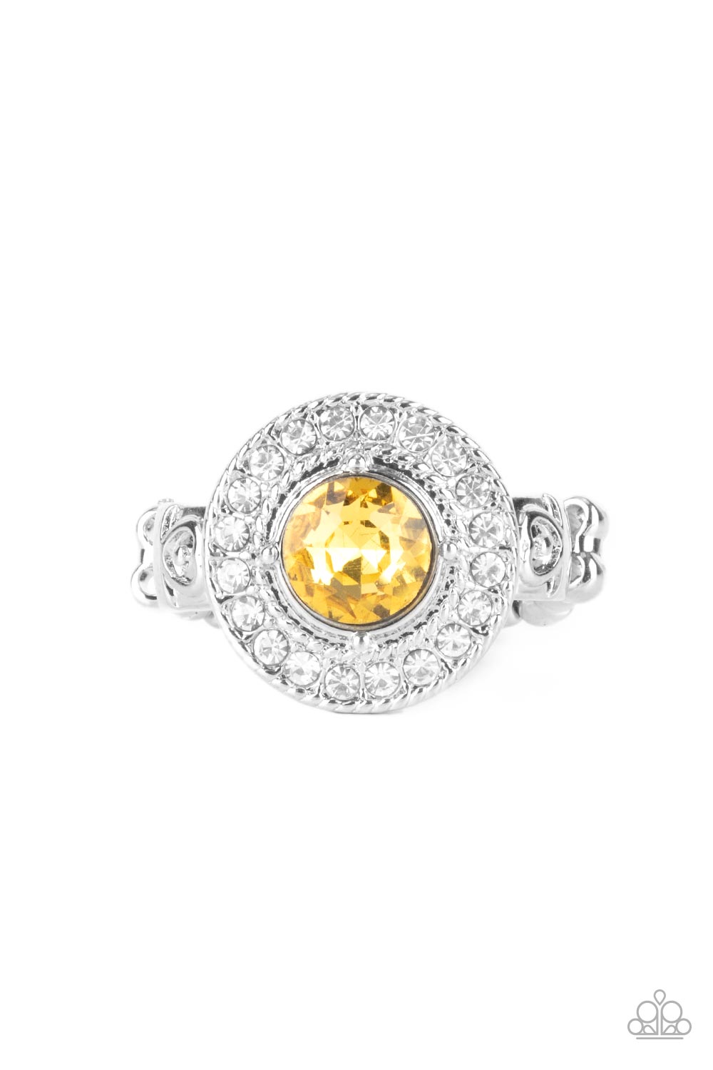 Targeted Timelessness Yellow Rhinestone Ring - Paparazzi Accessories- lightbox - CarasShop.com - $5 Jewelry by Cara Jewels