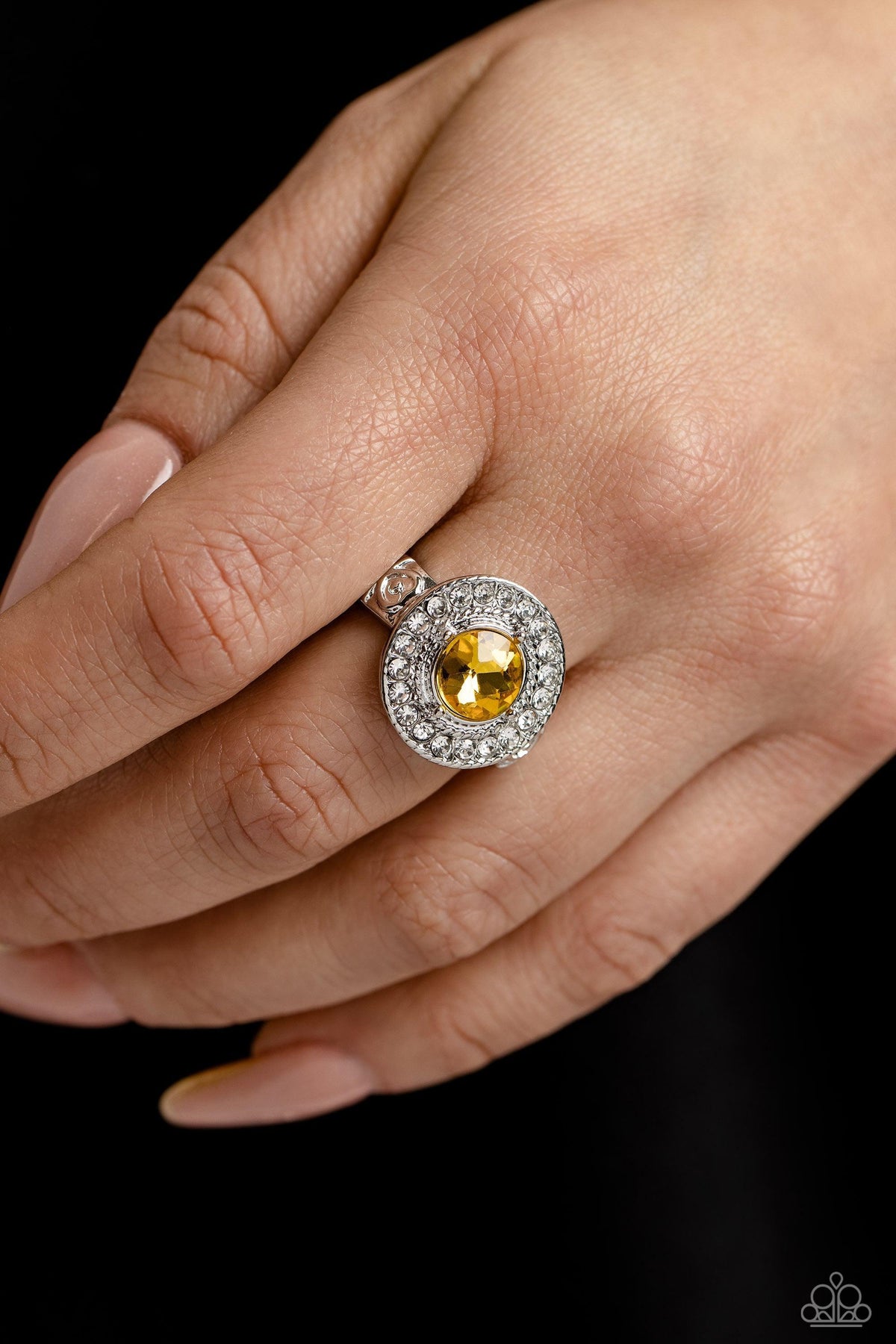 Targeted Timelessness Yellow Rhinestone Ring - Paparazzi Accessories-on model - CarasShop.com - $5 Jewelry by Cara Jewels