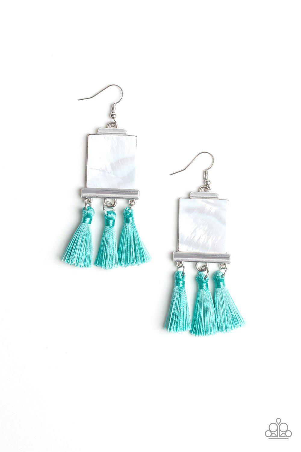 Tassel Retreat White Acrylic and Blue Tassel Earrings - Paparazzi Accessories-CarasShop.com - $5 Jewelry by Cara Jewels