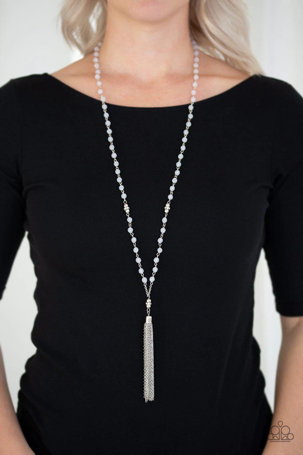 Tassel Takeover White Necklace - Paparazzi Accessories- on model - CarasShop.com - $5 Jewelry by Cara Jewels