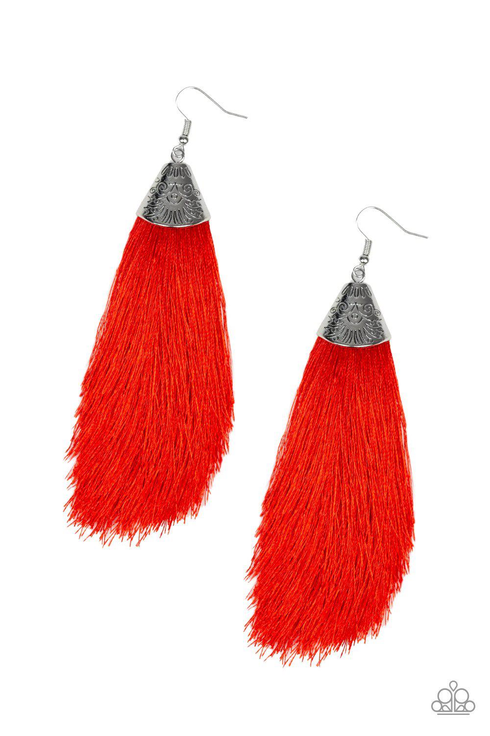 Tassel Temptress Red Earrings - Paparazzi Accessories-CarasShop.com - $5 Jewelry by Cara Jewels
