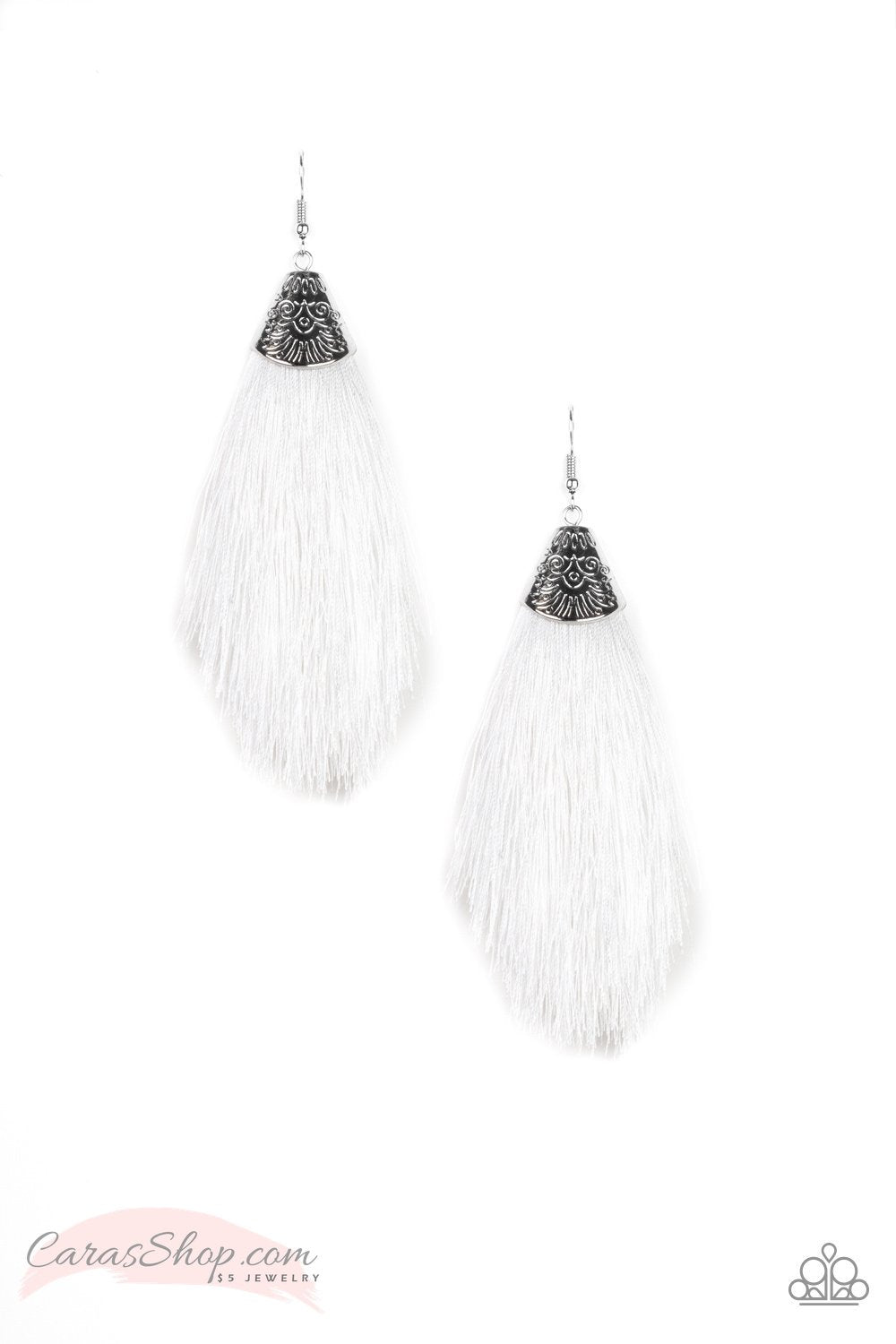 Tassel Temptress White Fringe Earrings - Paparazzi Accessories-CarasShop.com - $5 Jewelry by Cara Jewels