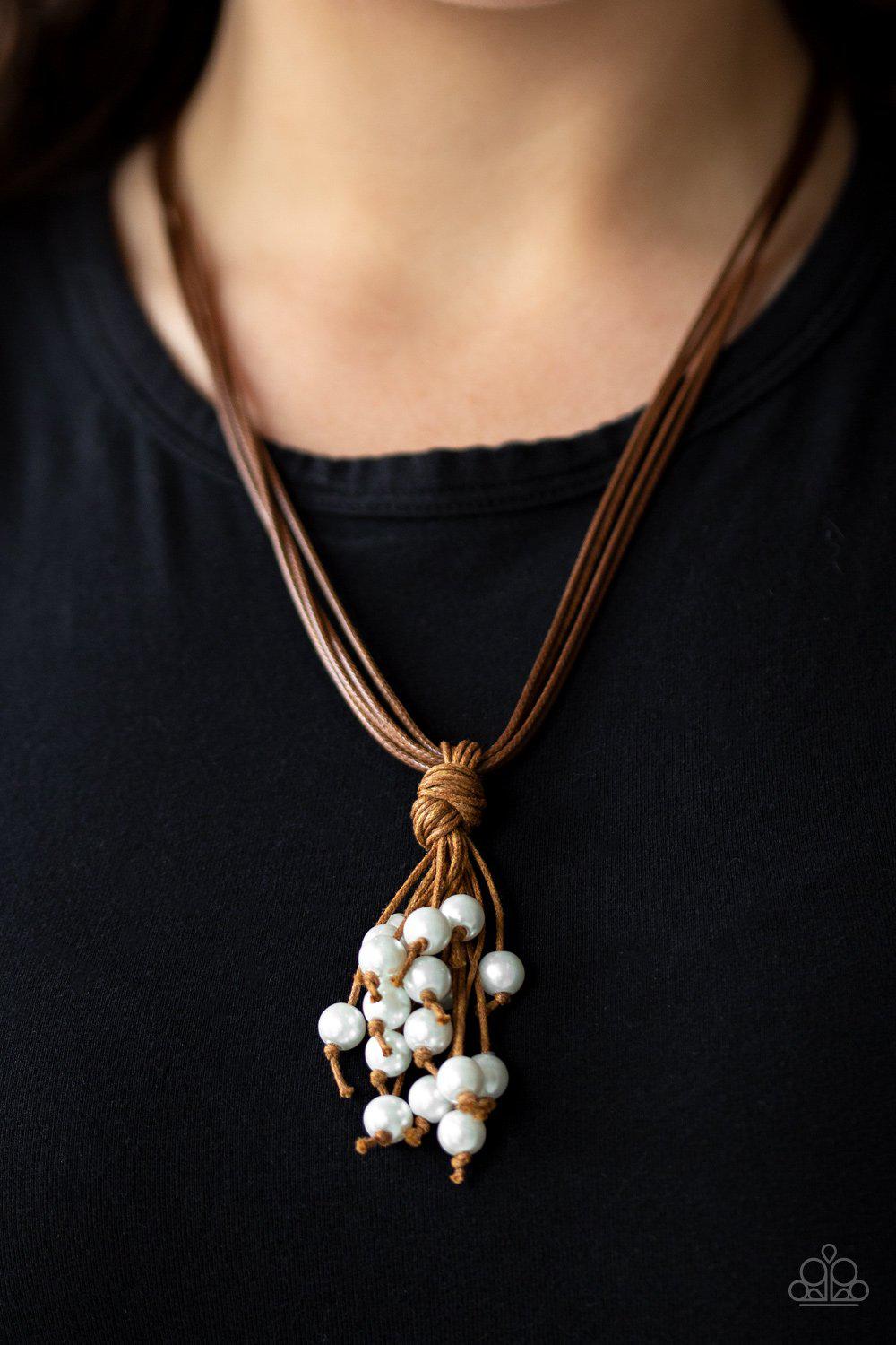 Tassel Trek White Pearl Urban Necklace - Paparazzi Accessories - model -CarasShop.com - $5 Jewelry by Cara Jewels