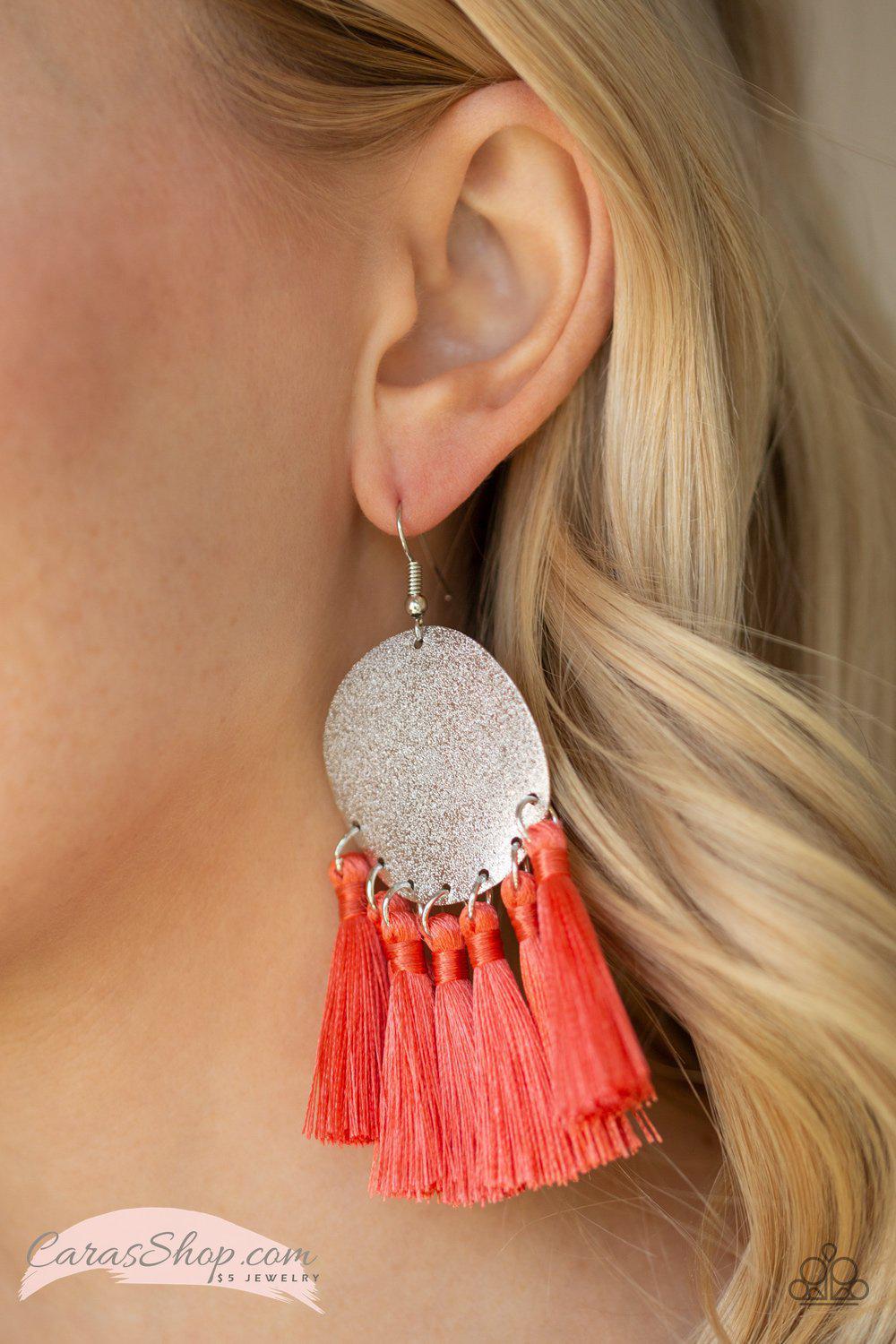 Tassel Tribute Orange Fringe Earrings - Paparazzi Accessories-CarasShop.com - $5 Jewelry by Cara Jewels
