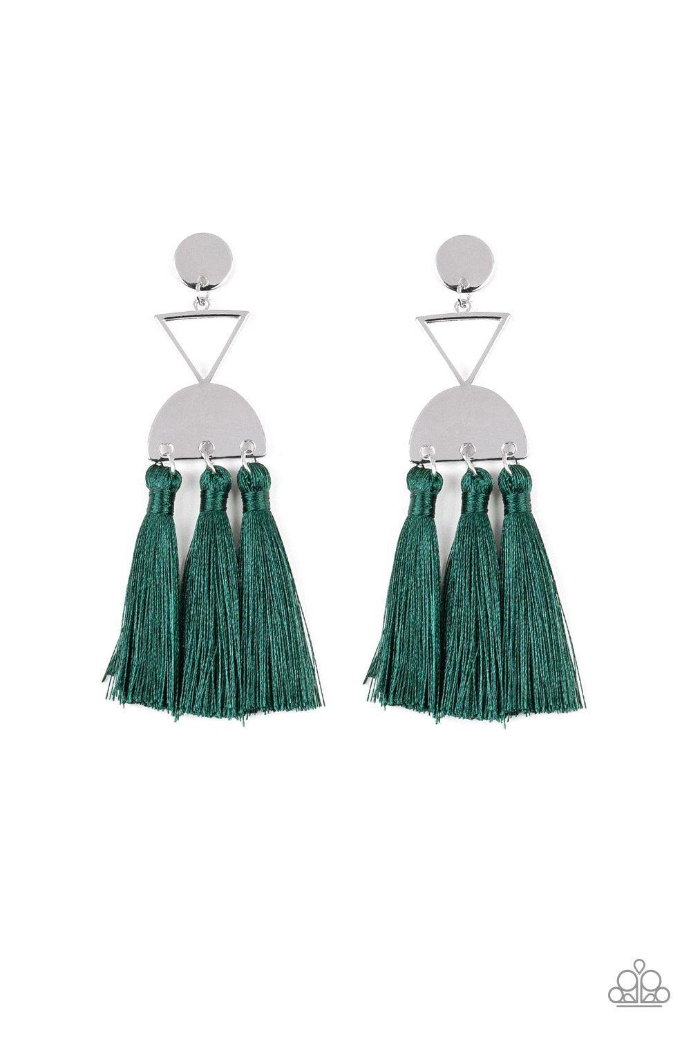 Tassel Trippin - Dark Green Tassel Post Earrings - Paparazzi Accessories-CarasShop.com - $5 Jewelry by Cara Jewels