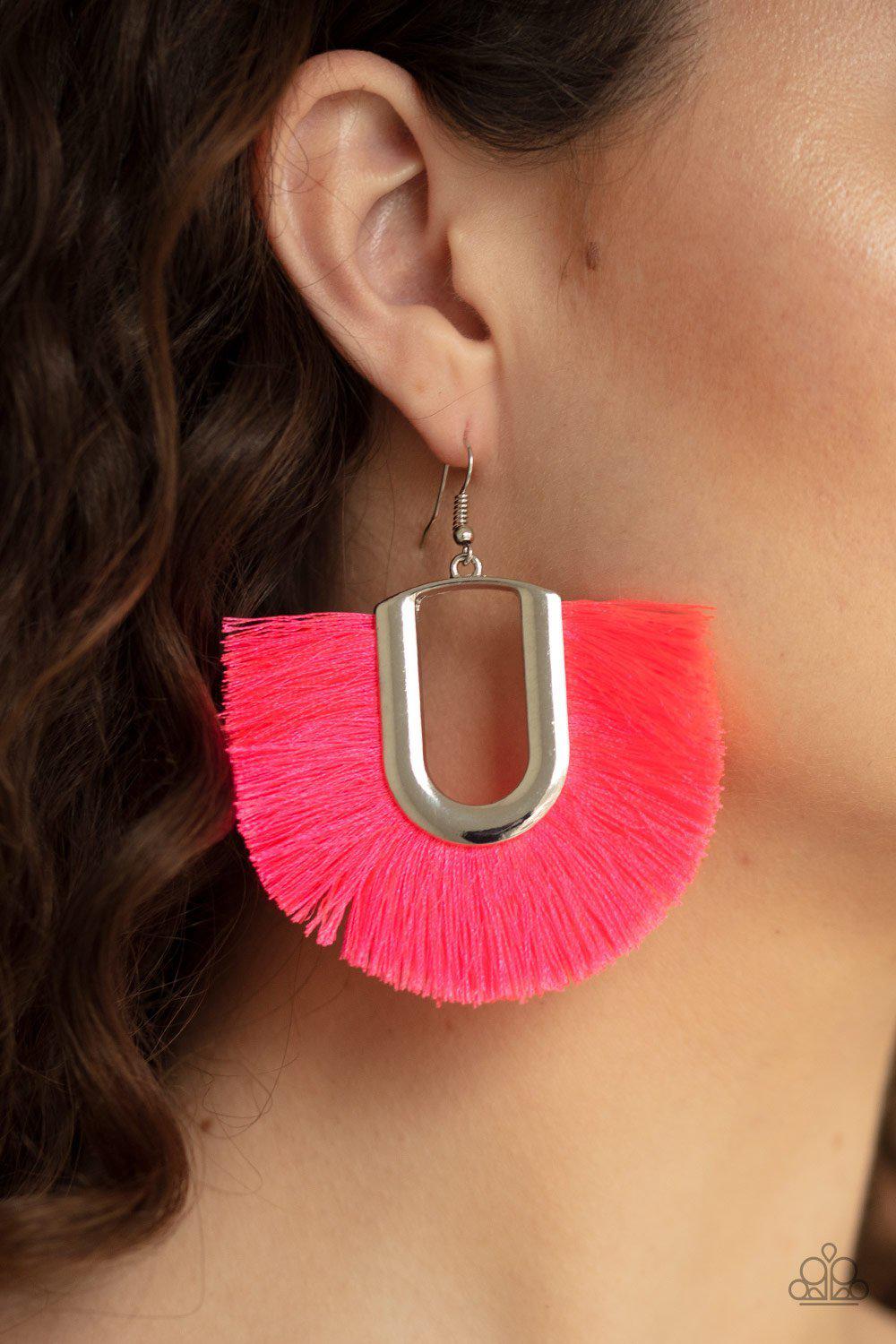 Tassel Tropicana Neon Pink Fringe Earrings - Paparazzi Accessories-CarasShop.com - $5 Jewelry by Cara Jewels