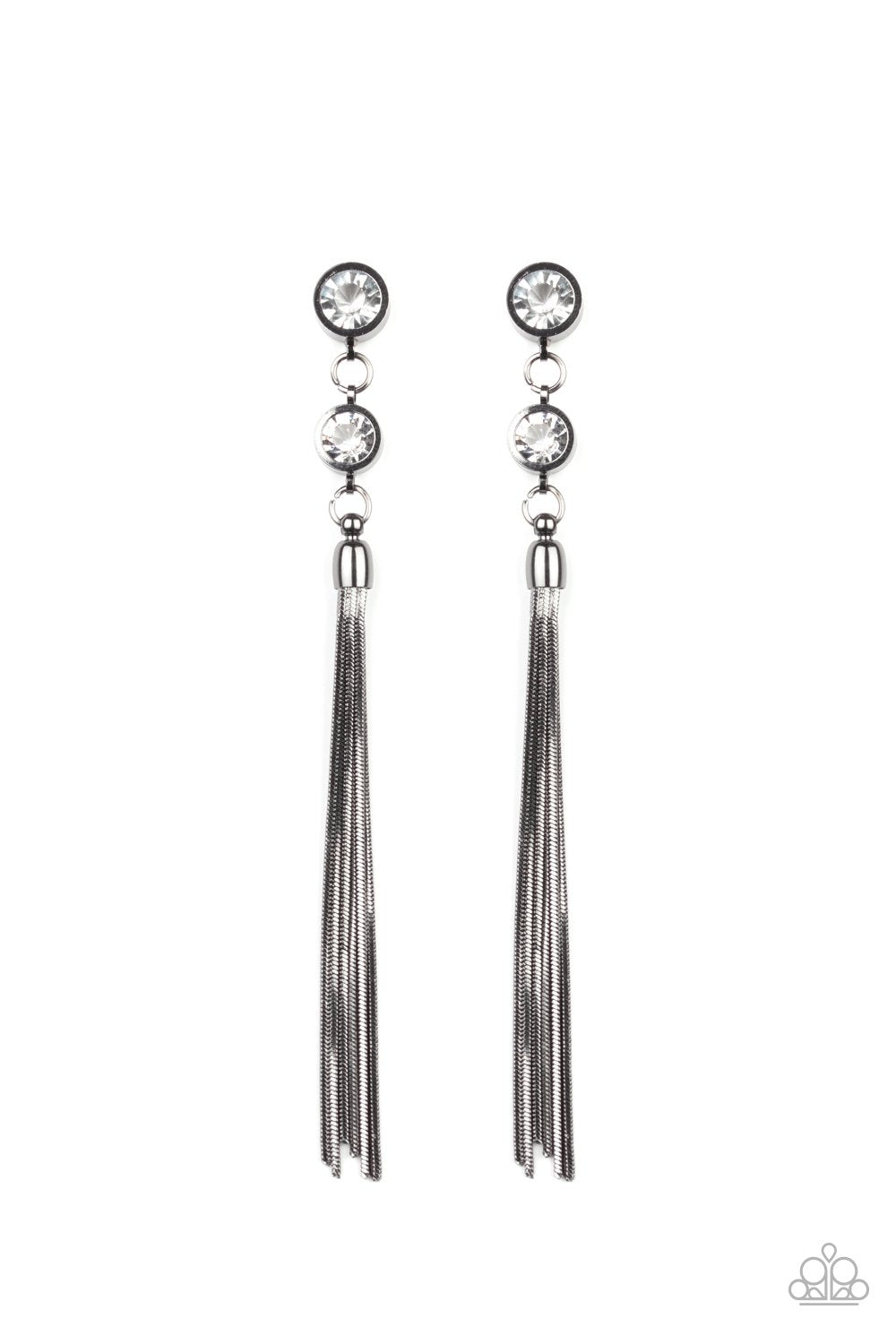 Tassel Twinkle Gunmetal Black and White Rhinestone Chain Earrings - Paparazzi Accessories-CarasShop.com - $5 Jewelry by Cara Jewels