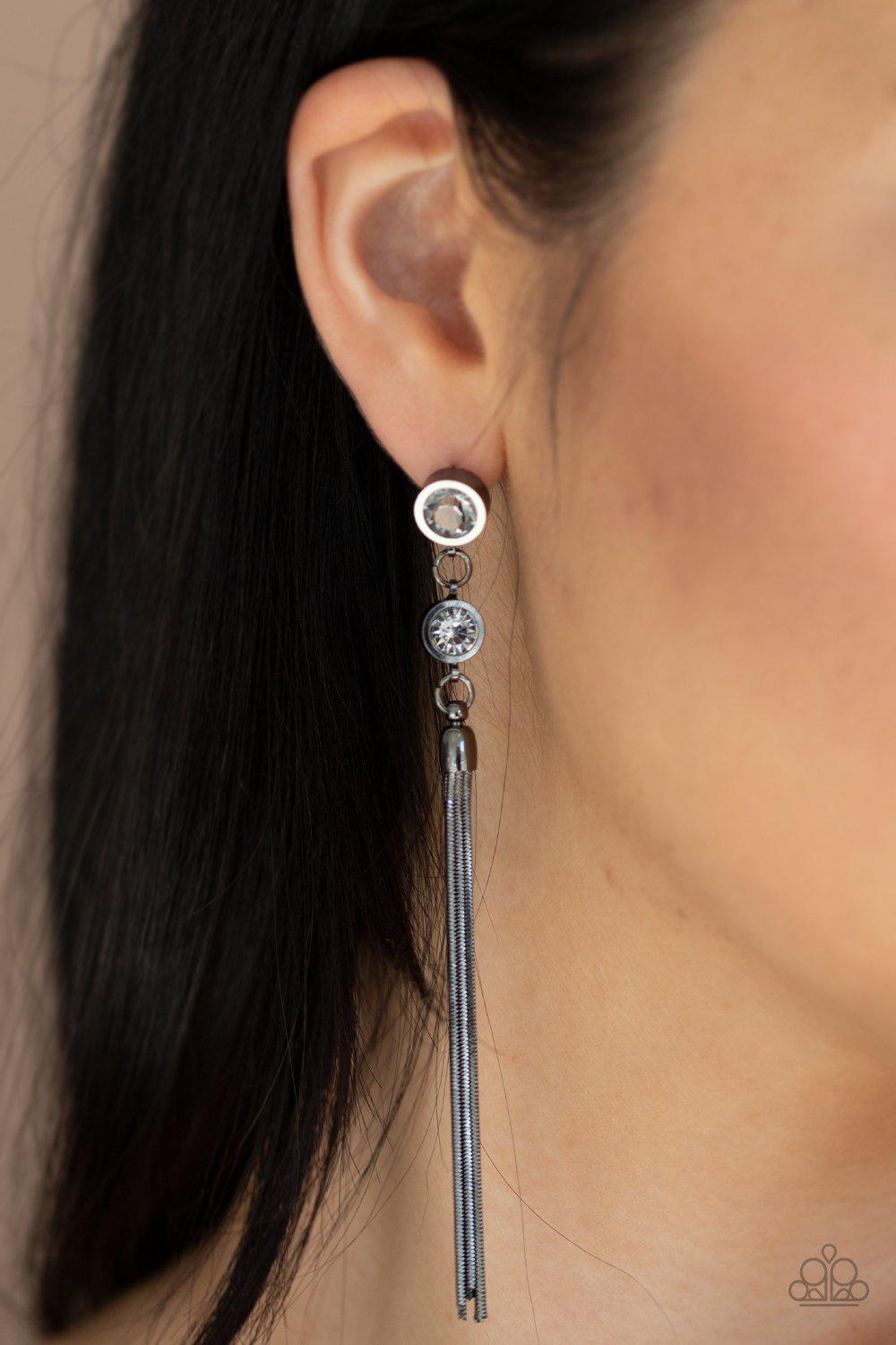 Tassel Twinkle Gunmetal Black and White Rhinestone Chain Earrings - Paparazzi Accessories-CarasShop.com - $5 Jewelry by Cara Jewels
