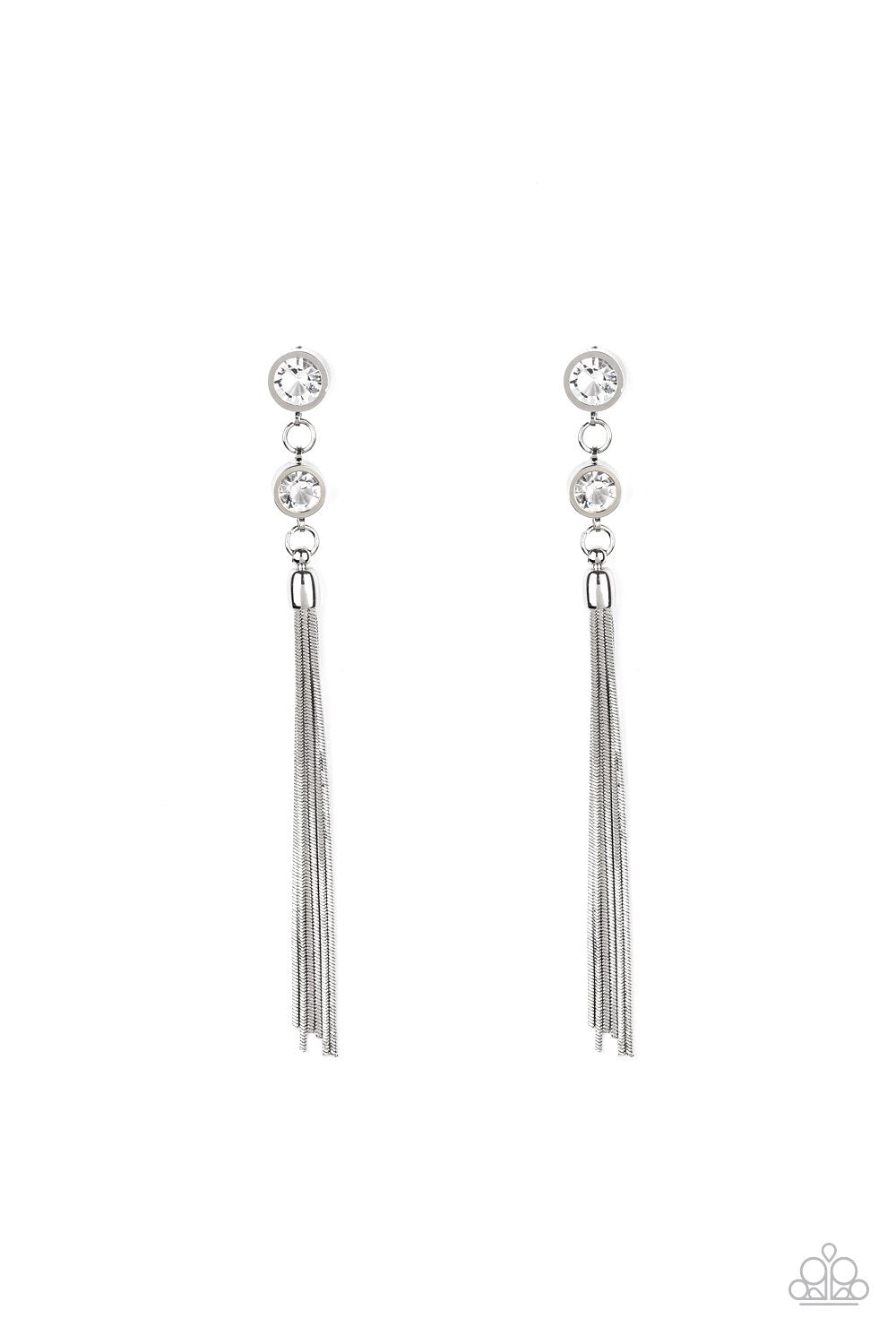 Tassel Twinkle White Rhinestone Chain Earrings - Paparazzi Accessories-CarasShop.com - $5 Jewelry by Cara Jewels