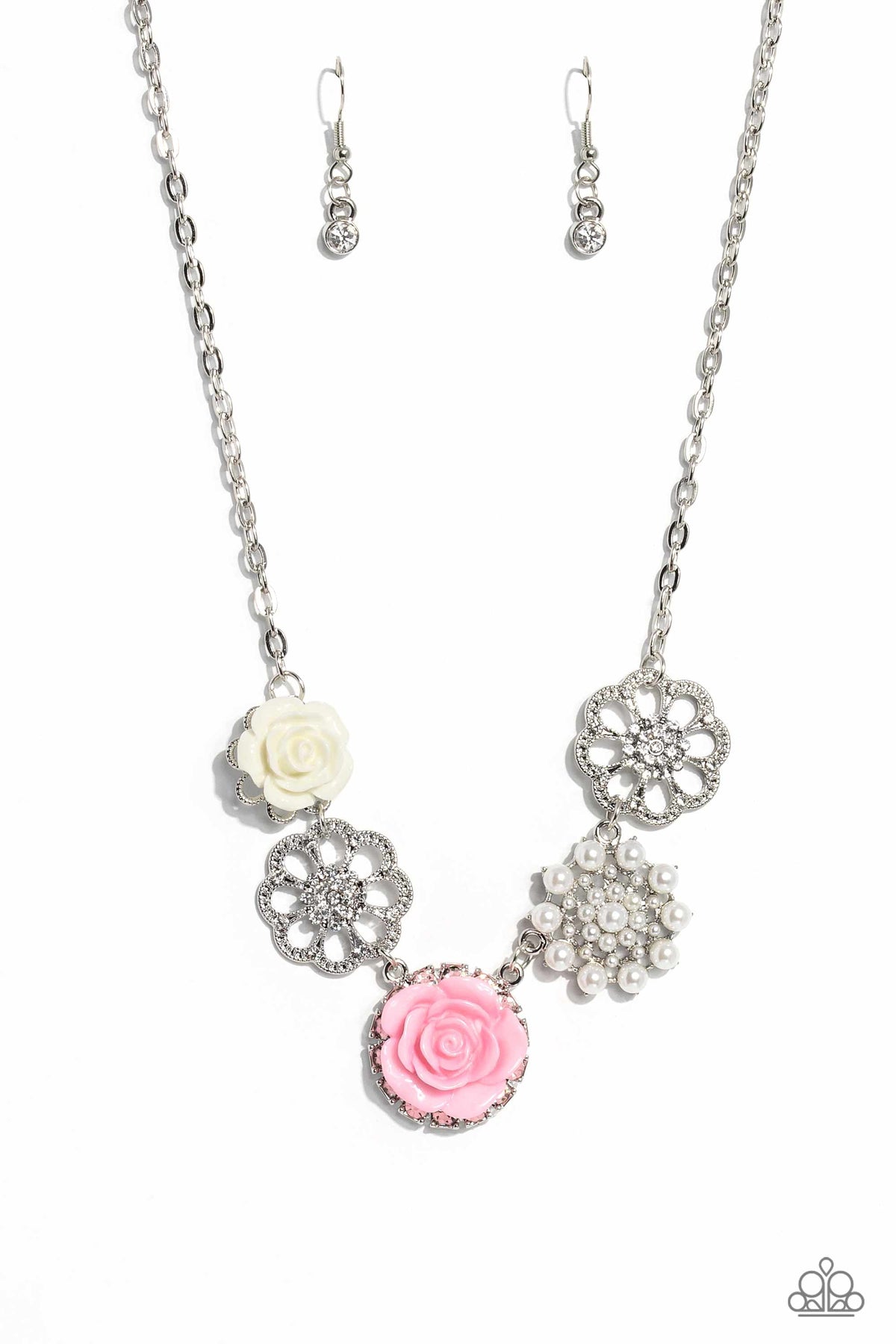 Tea Party Favors Pink Floral Necklace - Paparazzi Accessories- lightbox - CarasShop.com - $5 Jewelry by Cara Jewels
