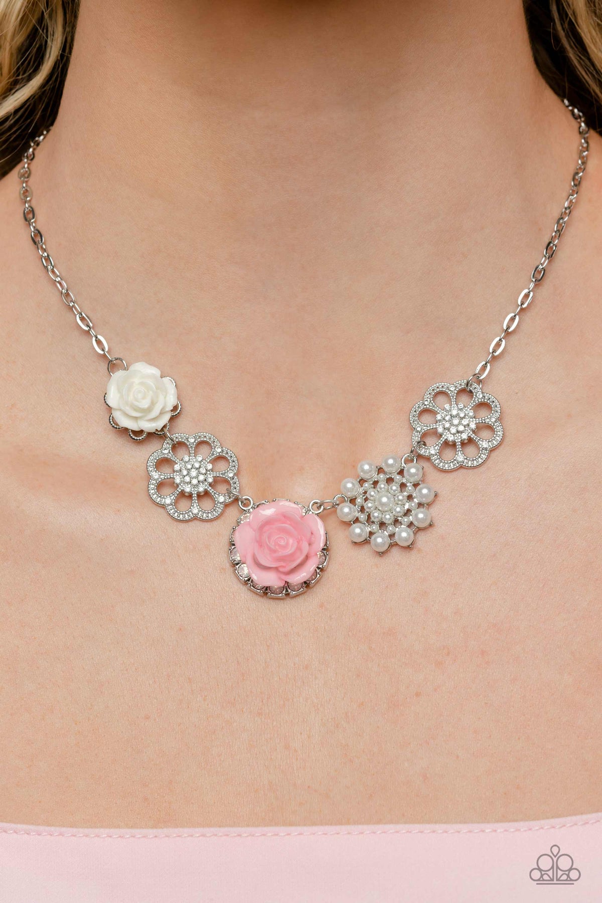 Tea Party Favors Pink Floral Necklace - Paparazzi Accessories-on model - CarasShop.com - $5 Jewelry by Cara Jewels