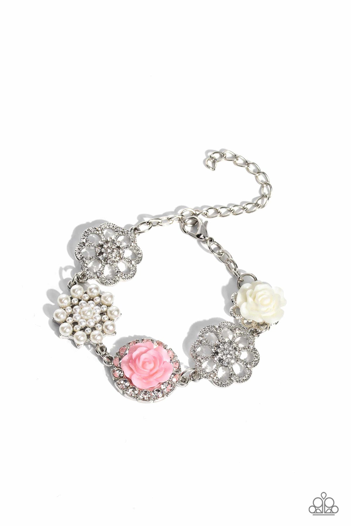 Tea Party Theme Pink Floral Bracelet - Paparazzi Accessories- lightbox - CarasShop.com - $5 Jewelry by Cara Jewels