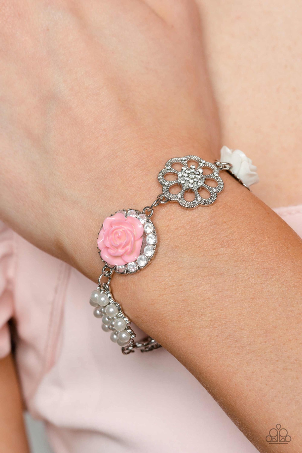 Tea Party Theme Pink Floral Bracelet - Paparazzi Accessories-on model - CarasShop.com - $5 Jewelry by Cara Jewels