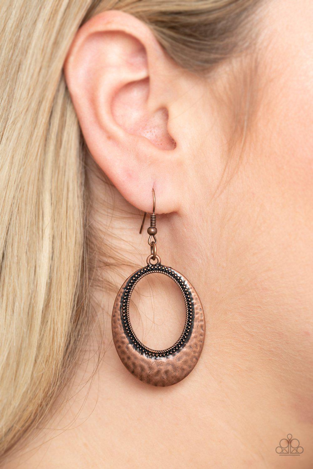 Tempest Texture Copper Earrings - Paparazzi Accessories - model -CarasShop.com - $5 Jewelry by Cara Jewels