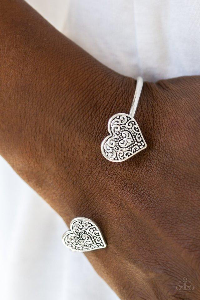 Tenderhearted Silver Heart Cuff Bracelet - Paparazzi Accessories-CarasShop.com - $5 Jewelry by Cara Jewels