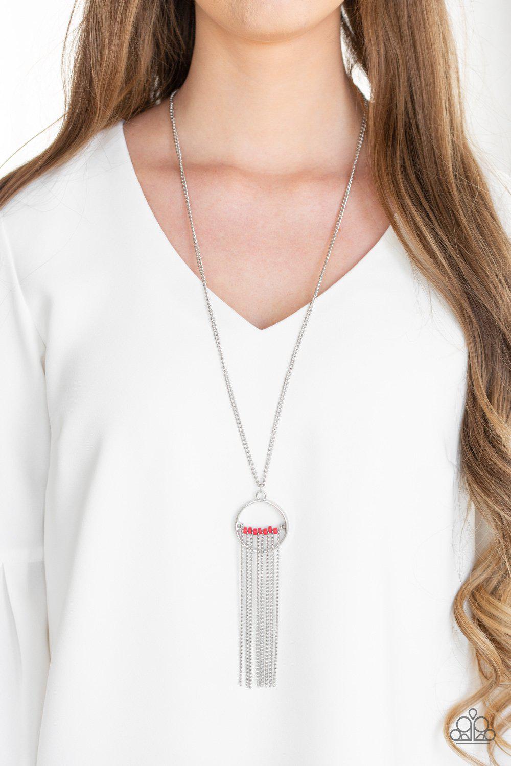Terra Tassel Red and Silver Necklace - Paparazzi Accessories - model -CarasShop.com - $5 Jewelry by Cara Jewels