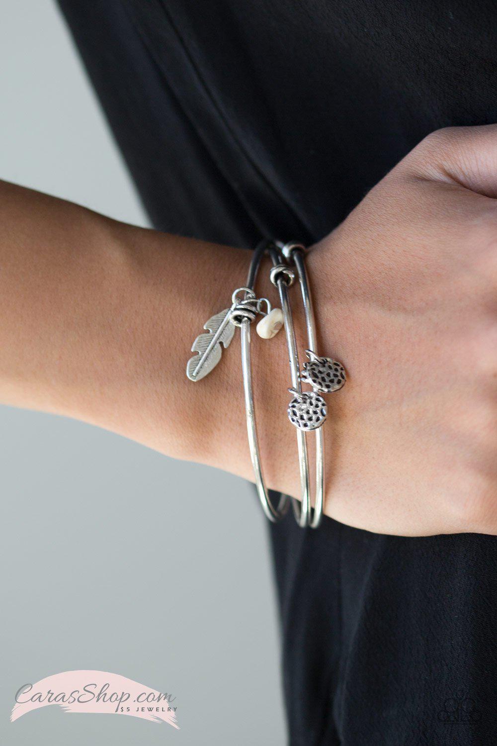 That Quill Do White Stone and Silver Bangle Bracelet Set - Paparazzi Accessories-CarasShop.com - $5 Jewelry by Cara Jewels