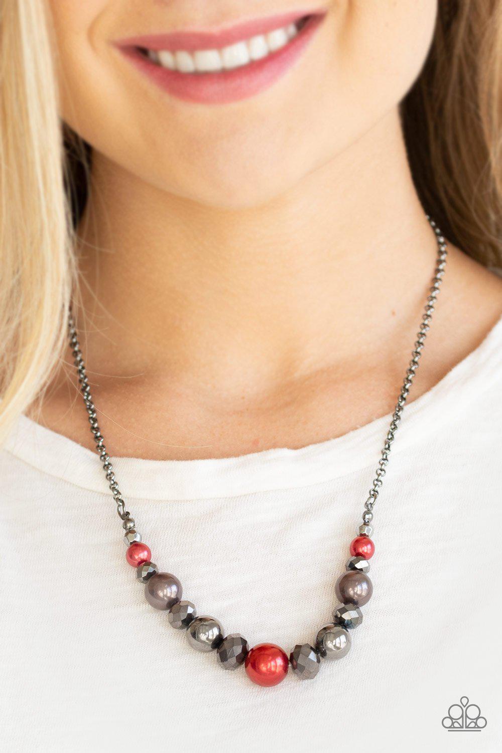The Big Leaguer Multi - Red, Hematite and Gunmetal Pearl Necklace - Paparazzi Accessories - model -CarasShop.com - $5 Jewelry by Cara Jewels