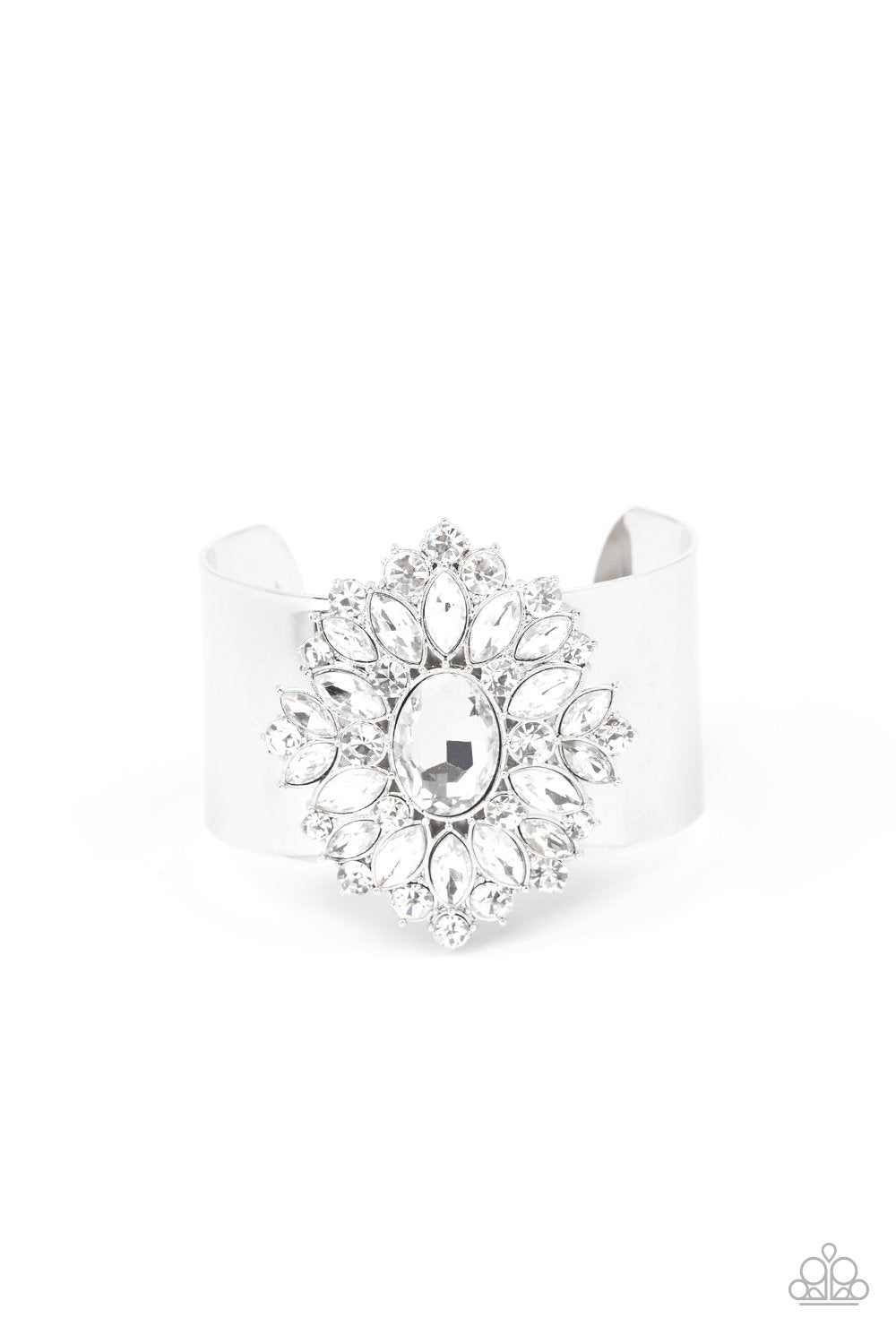 The Fashionmonger Silver and White Rhinestone Flower Cuff Bracelet - Paparazzi Accessories LOTP Exclusive July 2020-CarasShop.com - $5 Jewelry by Cara Jewels