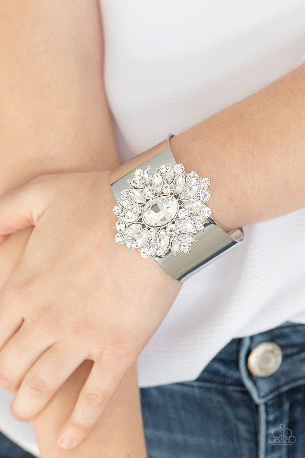 The Fashionmonger Silver and White Rhinestone Flower Cuff Bracelet - Paparazzi Accessories LOTP Exclusive July 2020-CarasShop.com - $5 Jewelry by Cara Jewels