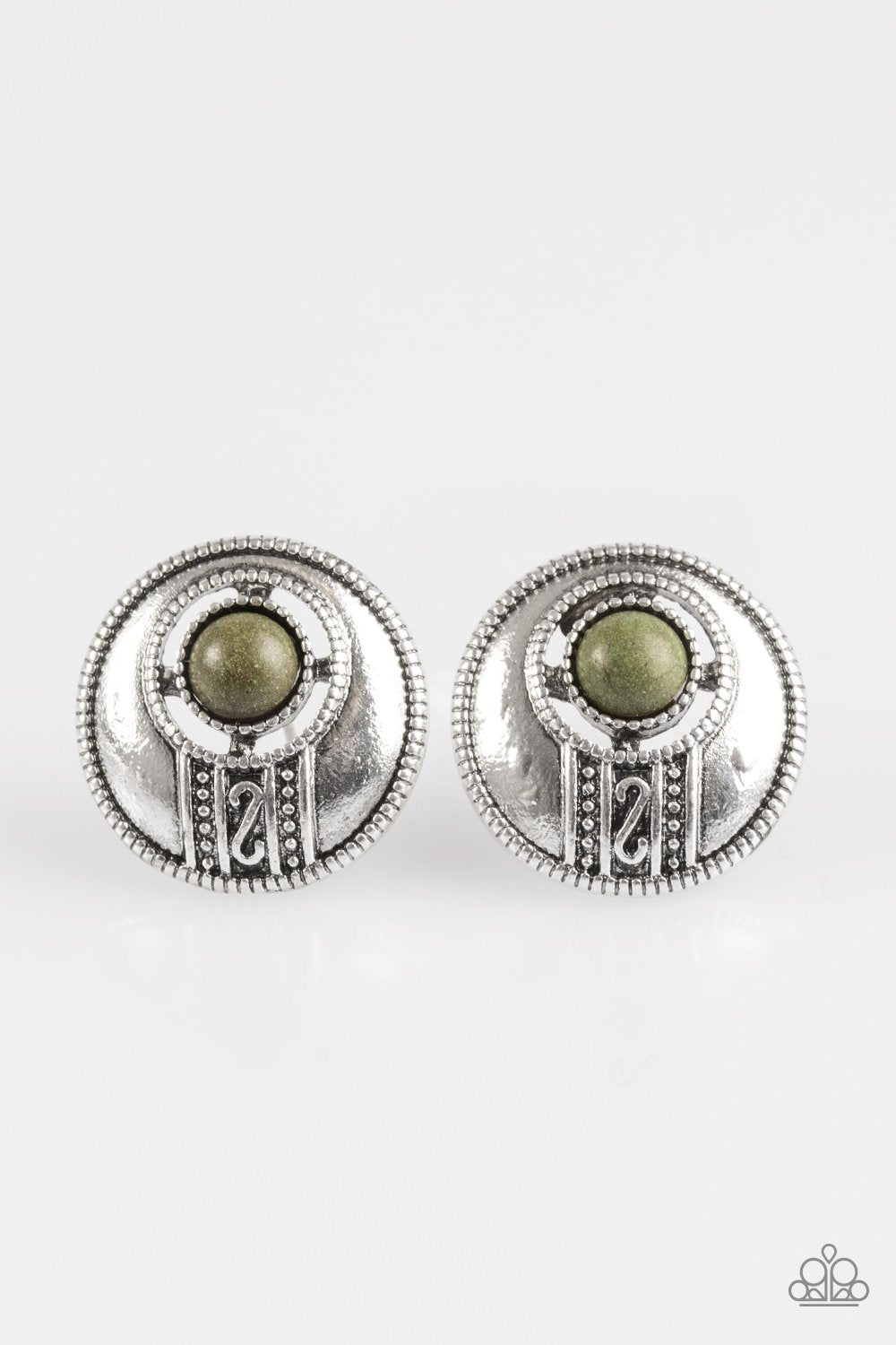 The Four Corners Green Stone Post Earrings - Paparazzi Accessories-CarasShop.com - $5 Jewelry by Cara Jewels
