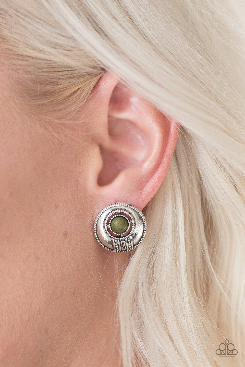 The Four Corners Green Stone Post Earrings - Paparazzi Accessories-CarasShop.com - $5 Jewelry by Cara Jewels