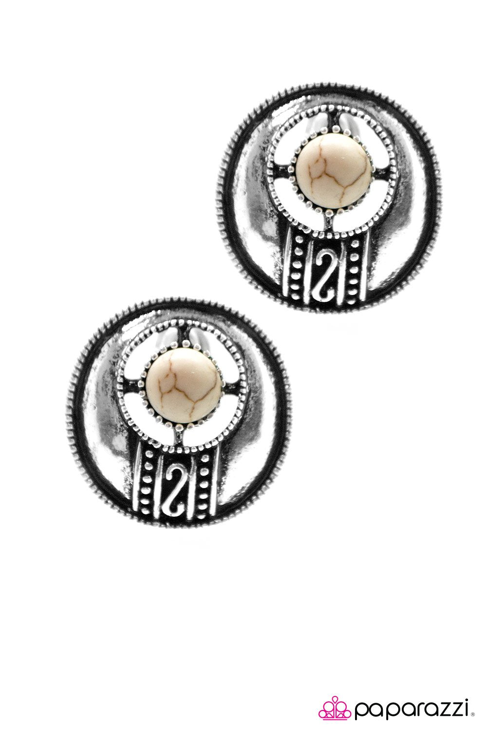The Four Corners White Stone Post Earrings - Paparazzi Accessories-CarasShop.com - $5 Jewelry by Cara Jewels