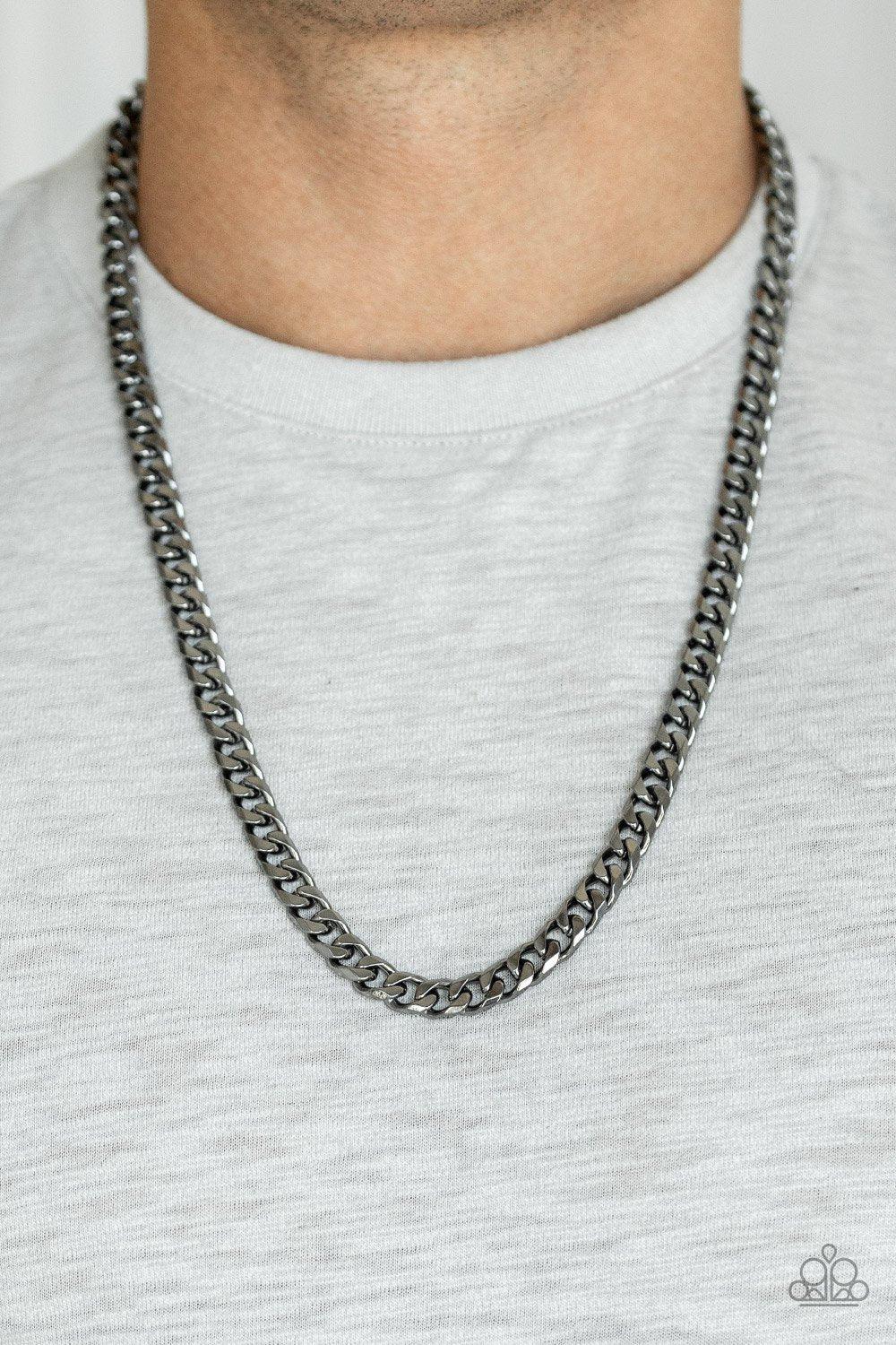 The Game CHAIN-ger Men&#39;s Gunmetal Black Urban Chain Necklace - Paparazzi Accessories - model -CarasShop.com - $5 Jewelry by Cara Jewels