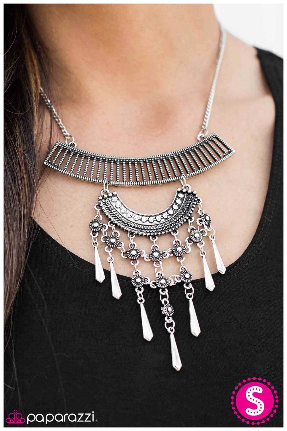 The Grand Geisha Silver Necklace and matching Earrings - Paparazzi Accessories-CarasShop.com - $5 Jewelry by Cara Jewels
