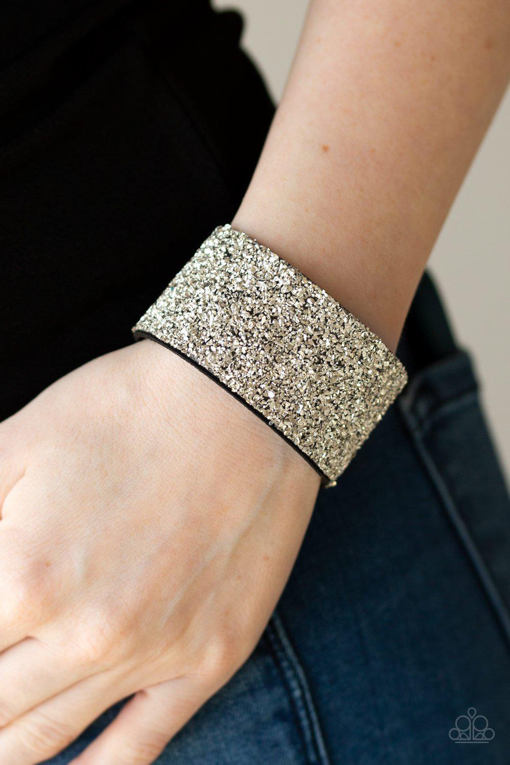 The Halftime Show Black and Crushed Silver Bling Wrap Snap Bracelet - Paparazzi Accessories-CarasShop.com - $5 Jewelry by Cara Jewels