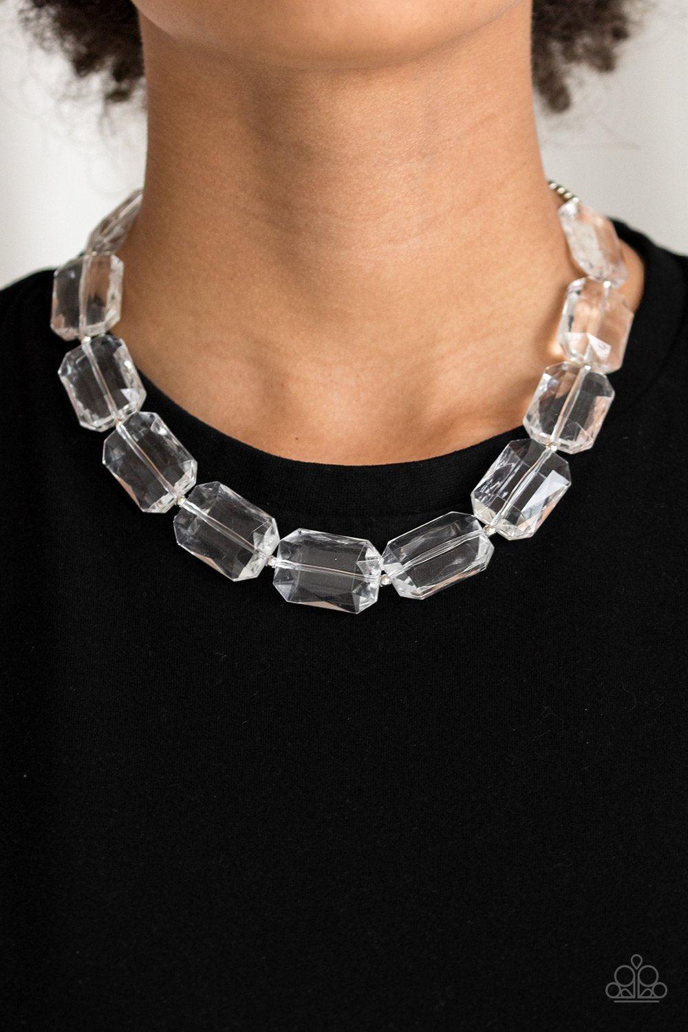The ICE President White Acrylic Necklace - Paparazzi Accessories - model -CarasShop.com - $5 Jewelry by Cara Jewels