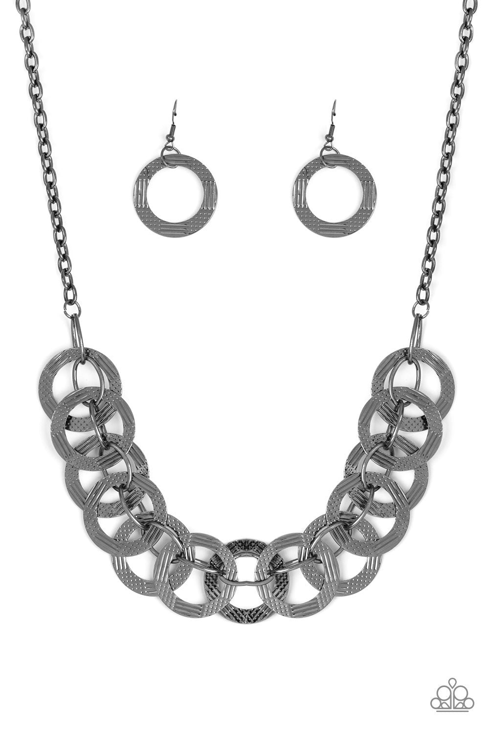 The Main Contender Black Gunmetal Necklace and matching Earrings - Paparazzi Accessories-CarasShop.com - $5 Jewelry by Cara Jewels