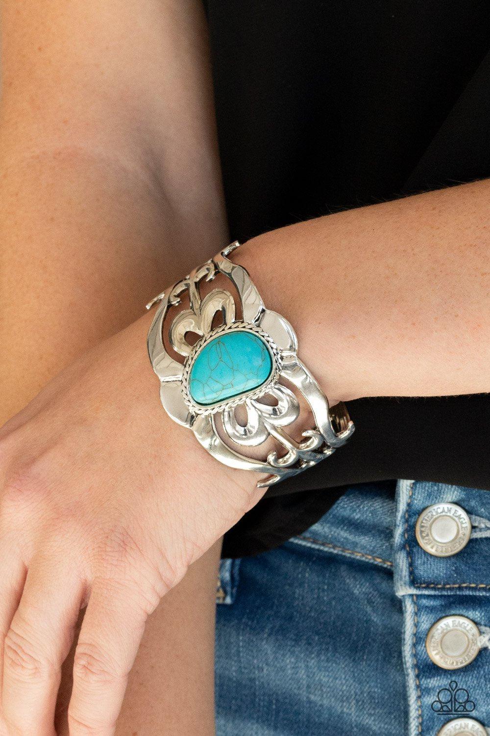 The MESAS are Calling Turquoise Blue Stone and Silver Cuff Bracelet - Paparazzi Accessories- model - CarasShop.com - $5 Jewelry by Cara Jewels