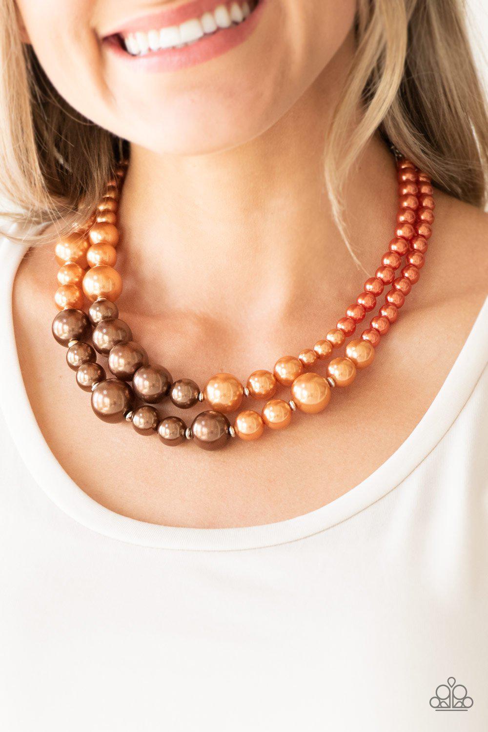The More The Modest Multi Orange and Brown Pearl Necklace - Paparazzi Accessories - model -CarasShop.com - $5 Jewelry by Cara Jewels