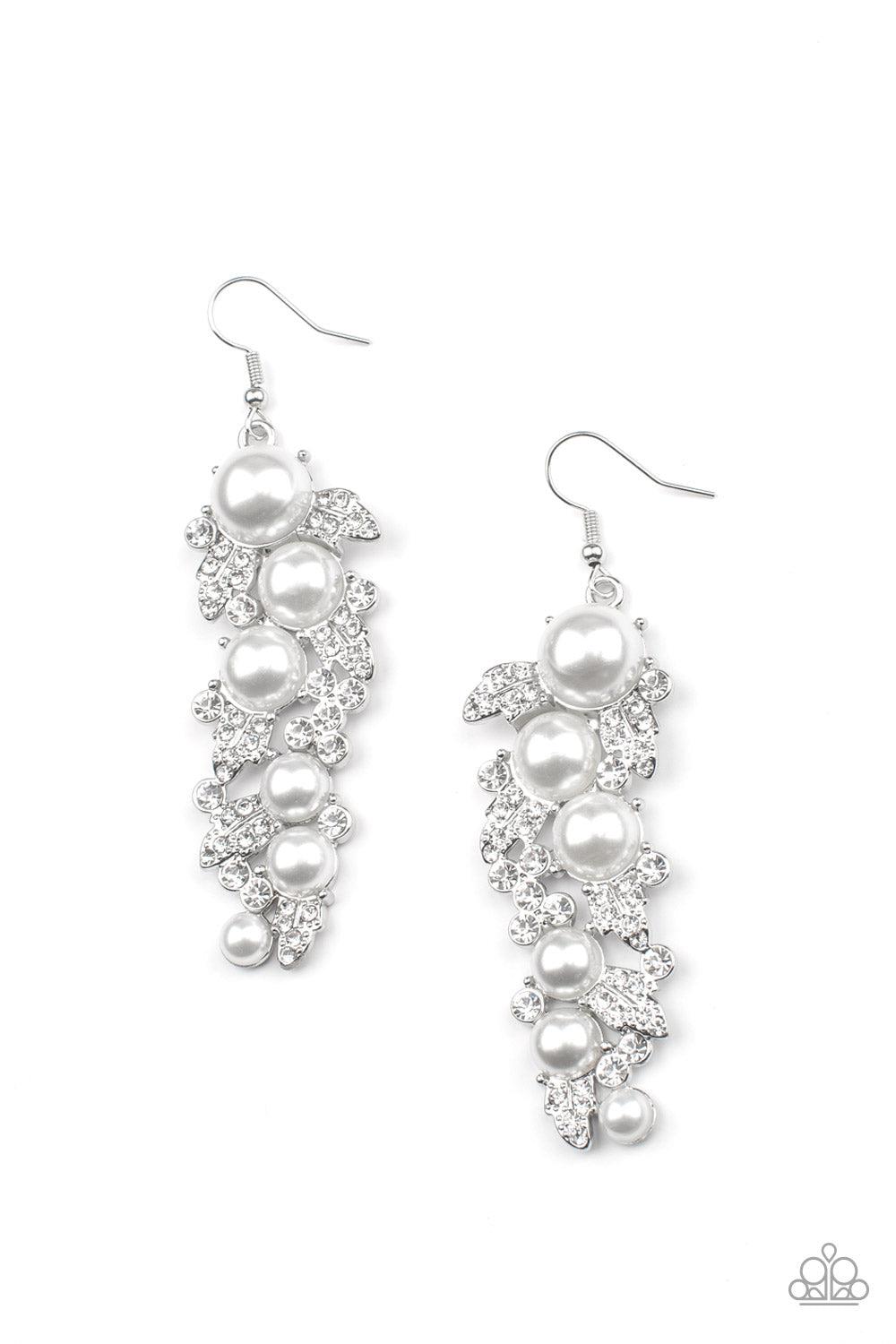 The Party Has Arrived White Pearl & Rhinestone Earrings - Paparazzi Accessories- lightbox - CarasShop.com - $5 Jewelry by Cara Jewels