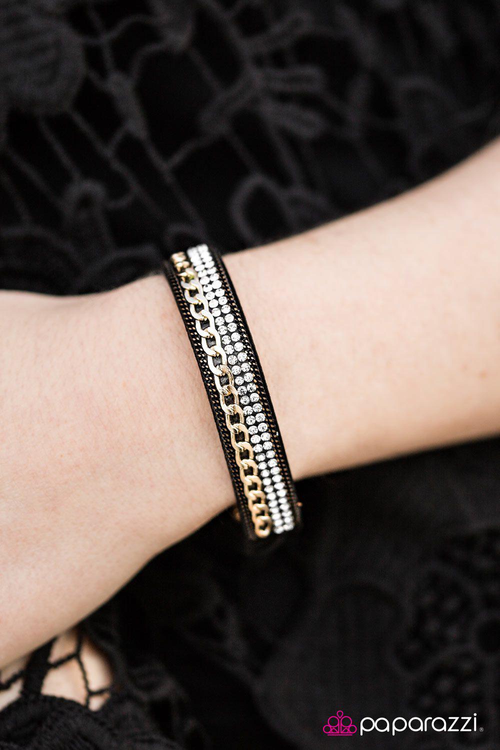 The Perfect Score Black and Gold Narrow Wrap Snap Bracelet - Paparazzi Accessories-CarasShop.com - $5 Jewelry by Cara Jewels