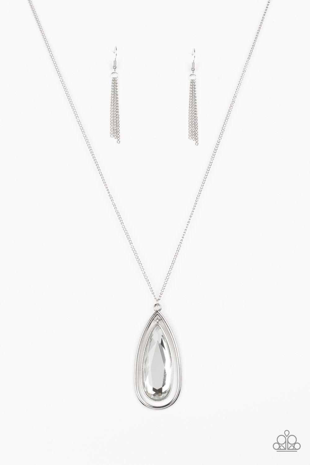 The Royal Coronation Silver and White Rhinestone Teardrop Necklace - Paparazzi Accessories-CarasShop.com - $5 Jewelry by Cara Jewels