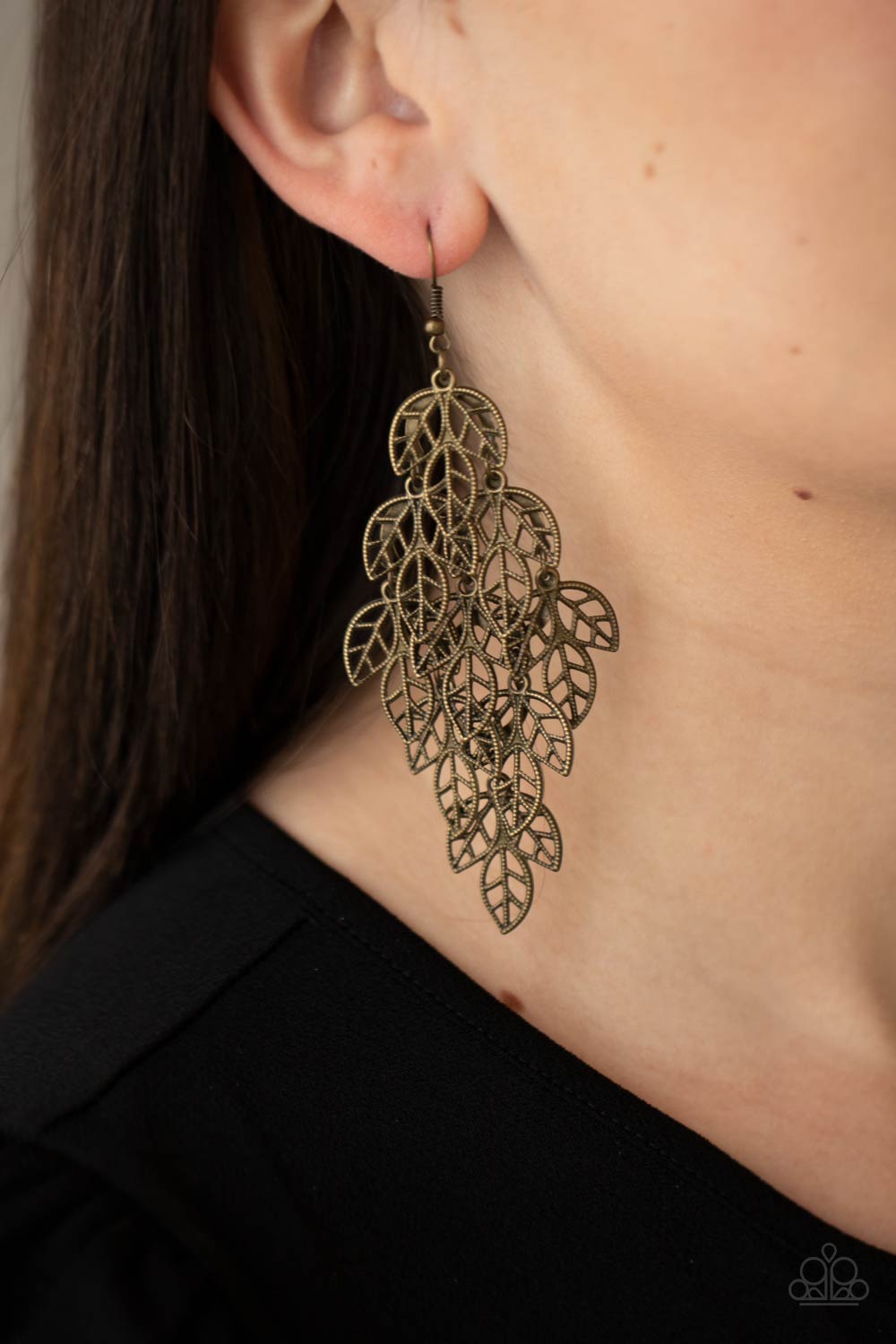 The Shakedown Brass Cascading Leaf Earrings - Paparazzi Accessories - model -CarasShop.com - $5 Jewelry by Cara Jewels