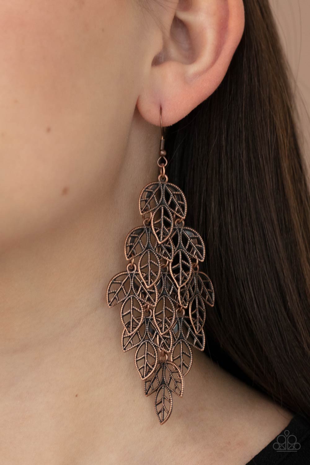 The Shakedown Copper Cascading Leaf Earrings - Paparazzi Accessories - model -CarasShop.com - $5 Jewelry by Cara Jewels