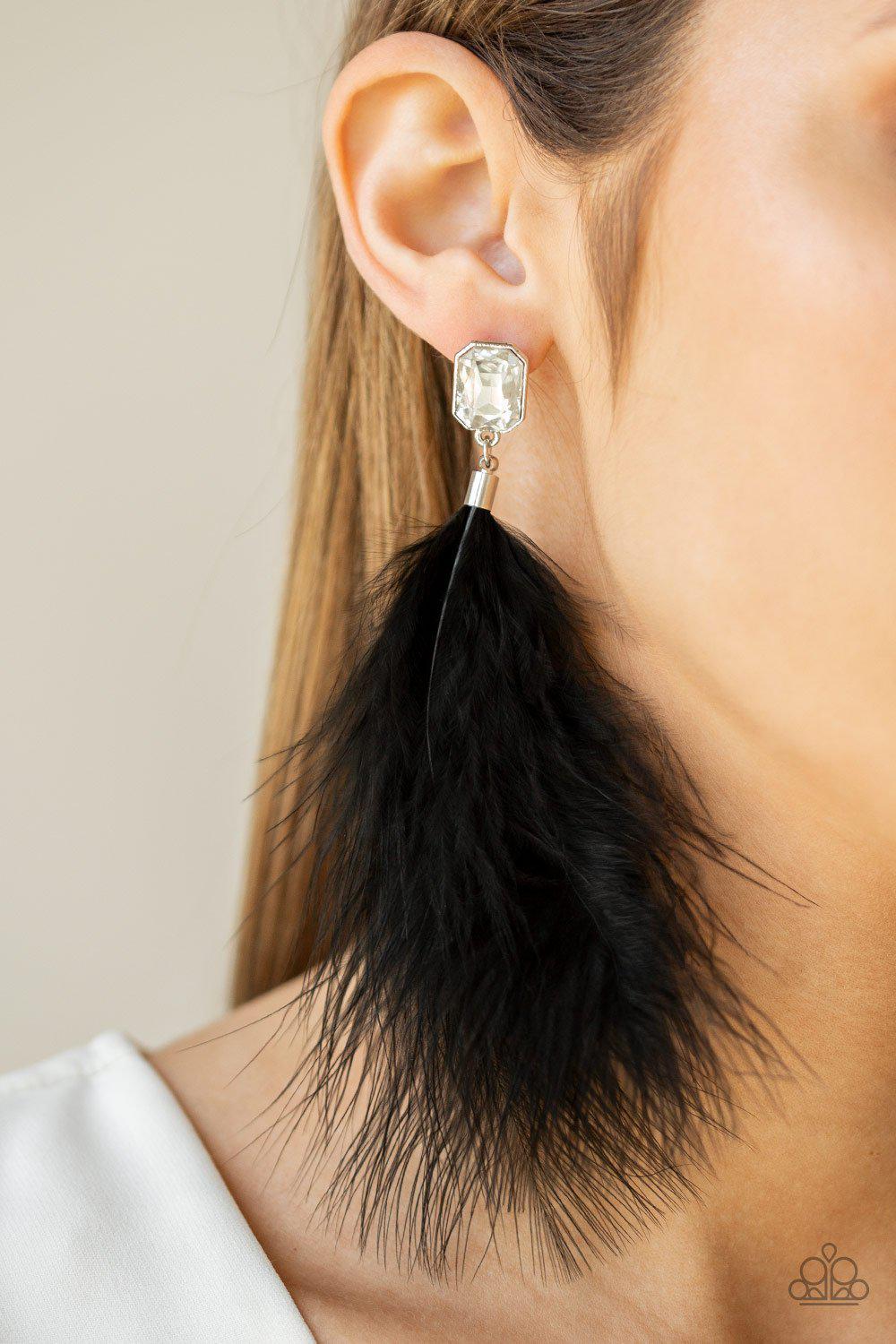 The SHOWGIRL Must Go On! Black Feather Earrings - Paparazzi Accessories-CarasShop.com - $5 Jewelry by Cara Jewels
